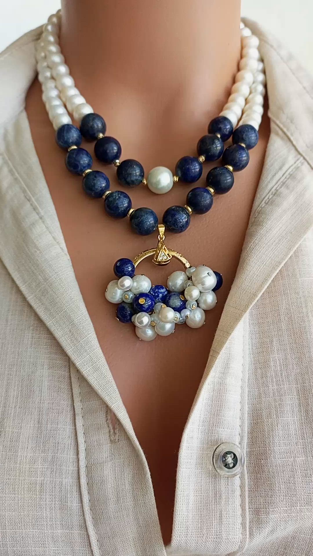 A timeless accessory that embodies natural beauty, our elegant Pearl and Lapis Lazuli Necklace combines lustrous freshwater pearls, known for their lustrous and iridescent appeal, with the deep blue appeal of genuine Lapis Lazuli gemstones. Handmade with love and attention to detail, this stunning necklace exudes a sense of opulence and elegance.