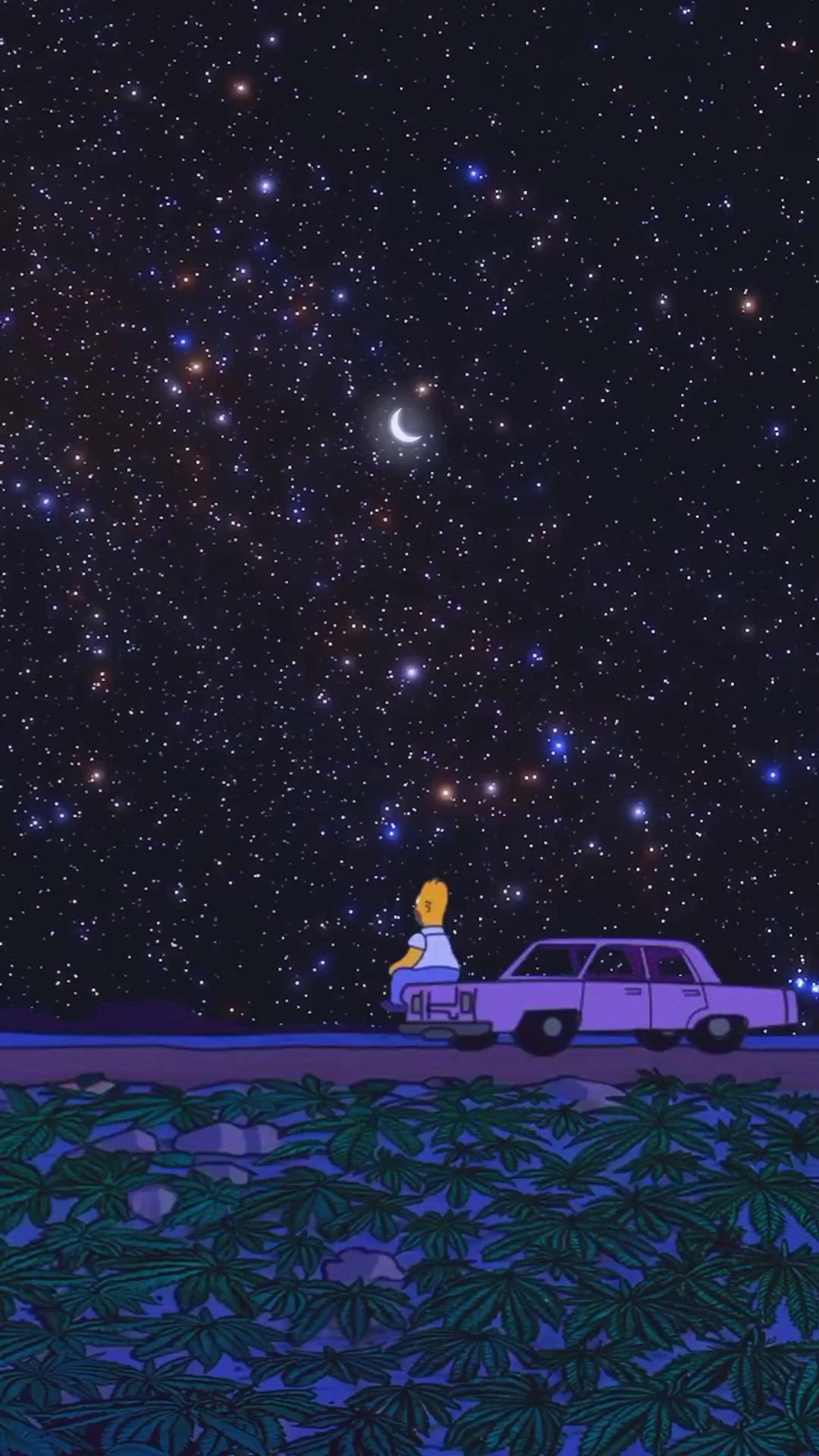 This may contain: the simpsons car is parked on the side of the road at night with stars in the background