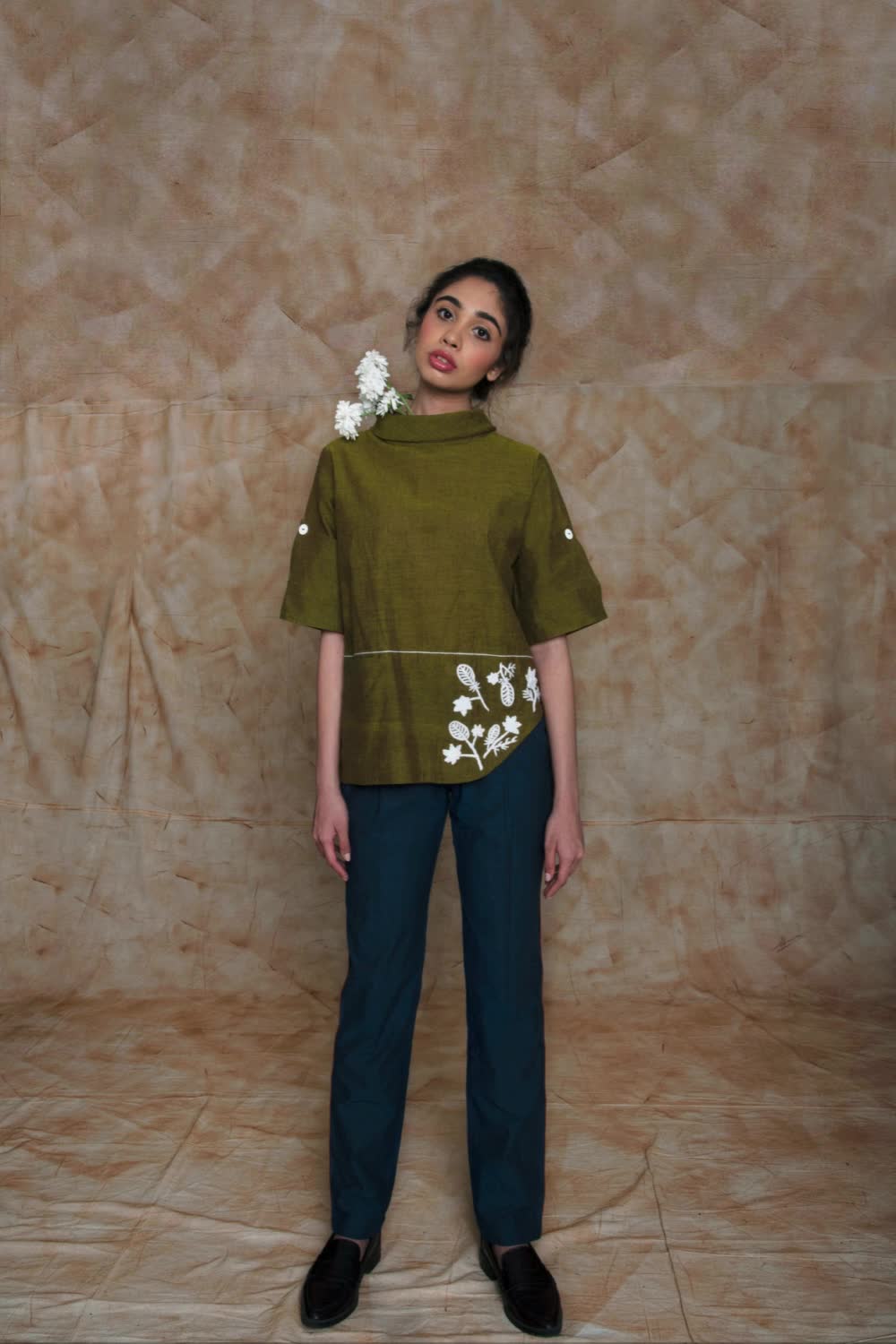 This contains: Green Tunic Top with embroidery | Handwoven Cotton Top | Green Top