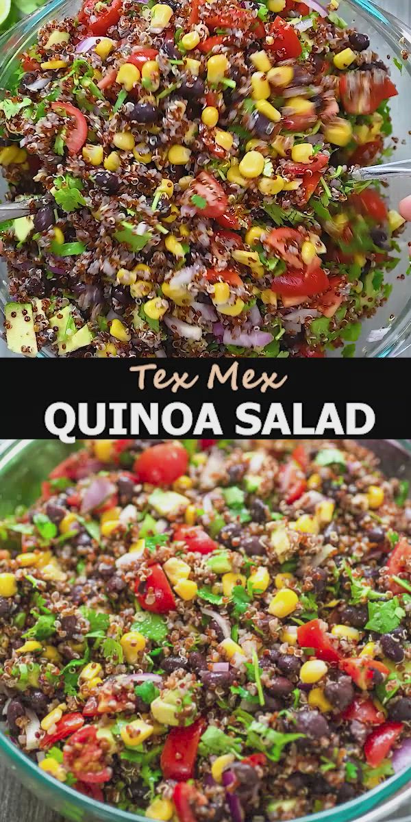 This may contain: mexican quinoa salad in a glass bowl with the title text overlay reads tex mex quinoa salad