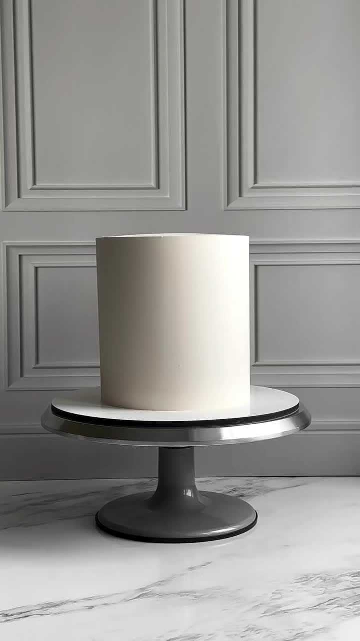 This may contain: a white cake sitting on top of a metal stand in front of a gray wall