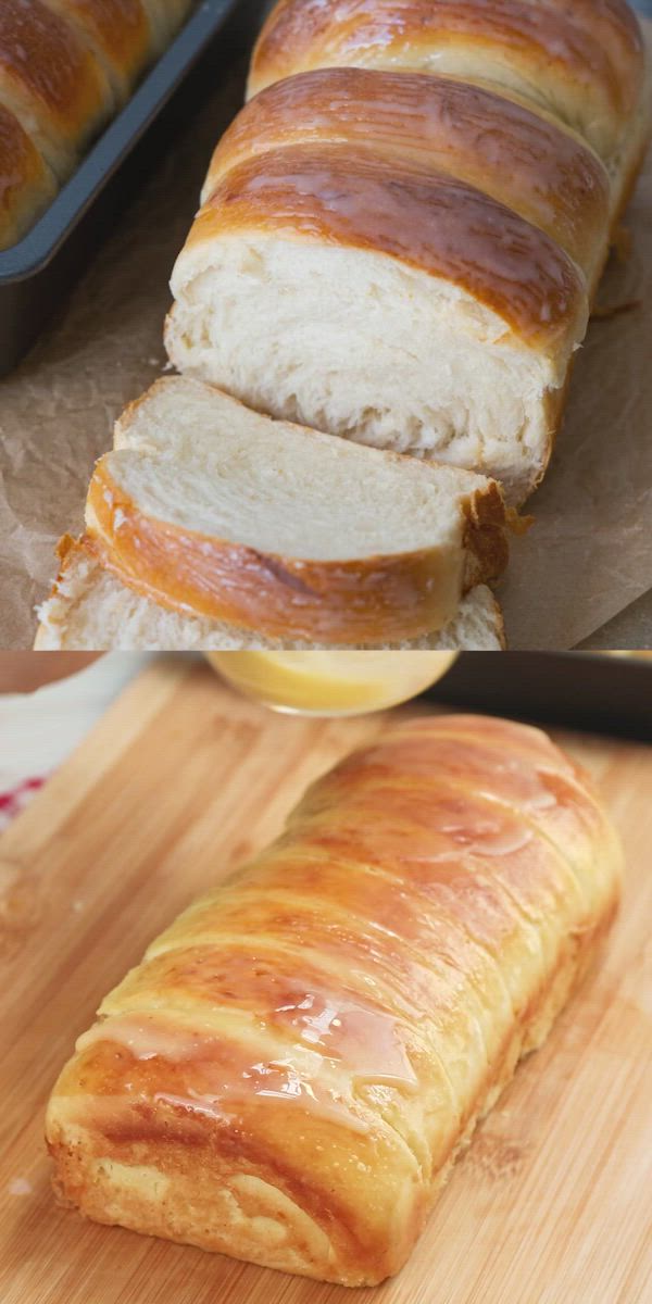 This may contain: a loaf of bread is being sliced and put on a cutting board with the words, condensed milk bread