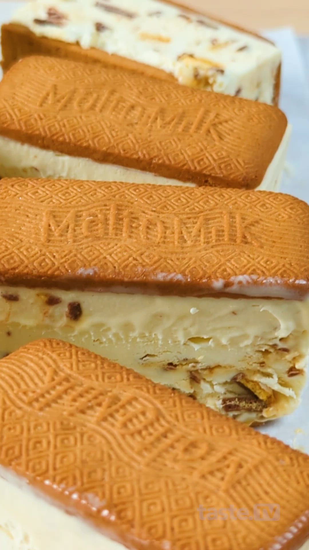 This may contain: frozen condensed milk biscuit bars on a plate with text overlay that reads, frozen condenseed milk biscuit bars