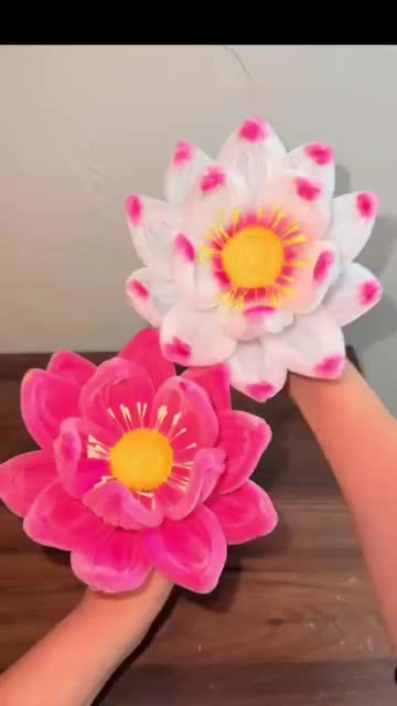 This may contain: two pink and white flowers are being held by someone's hand on a wooden table