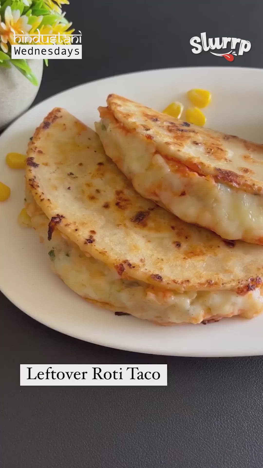 This may contain: three pieces of food on a white plate with the words leftover roti taco