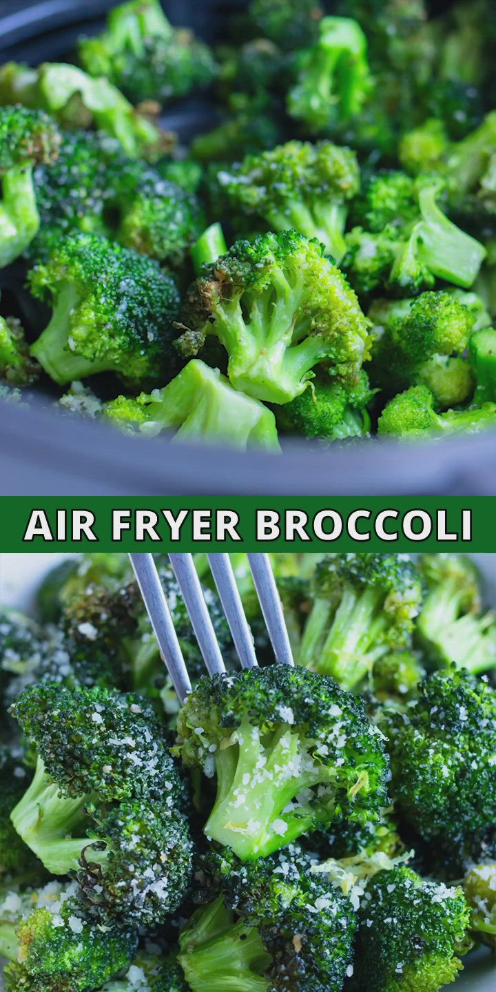 This may contain: broccoli is being cooked in a white bowl and then served with a fork