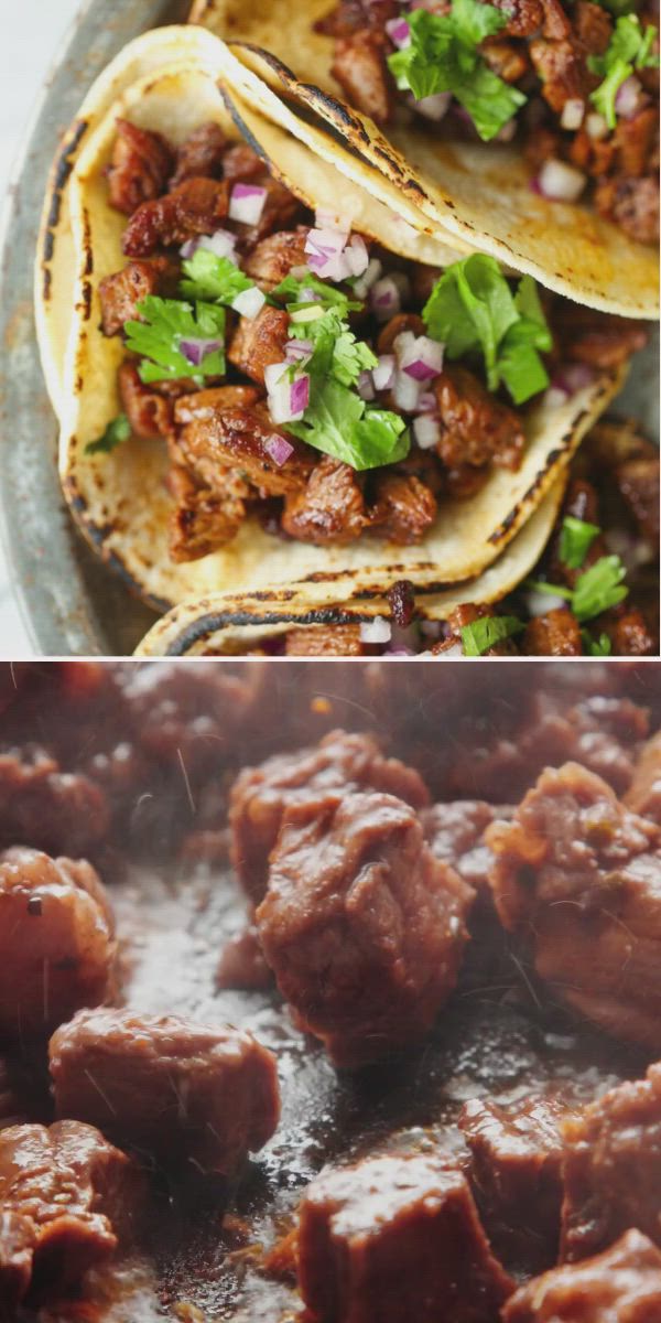 This contains: Try these Mexican Street Tacos! Topped with onion, cilantro, and fresh lime juice, these authentic carne asada street tacos are such a delicious dinner idea. Save this quick and easy beef recipe!