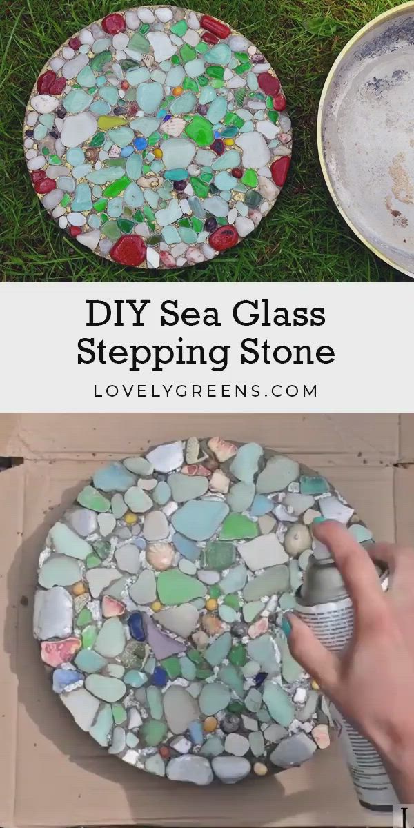 This may contain: the steps to make a sea glass stepping stone table with text overlay that reads diy sea glass stepping stone