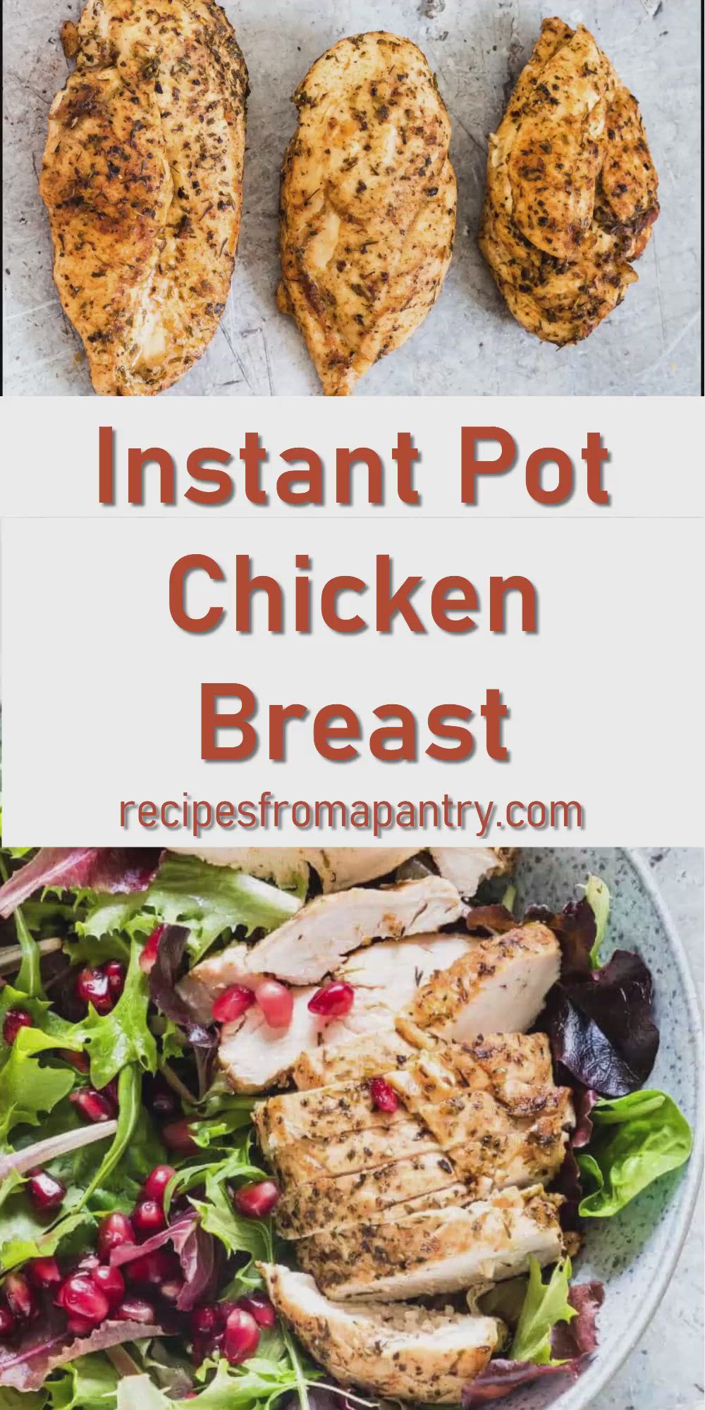 This may contain: the instant pot chicken breast recipe is shown on top of a plate with lettuce and