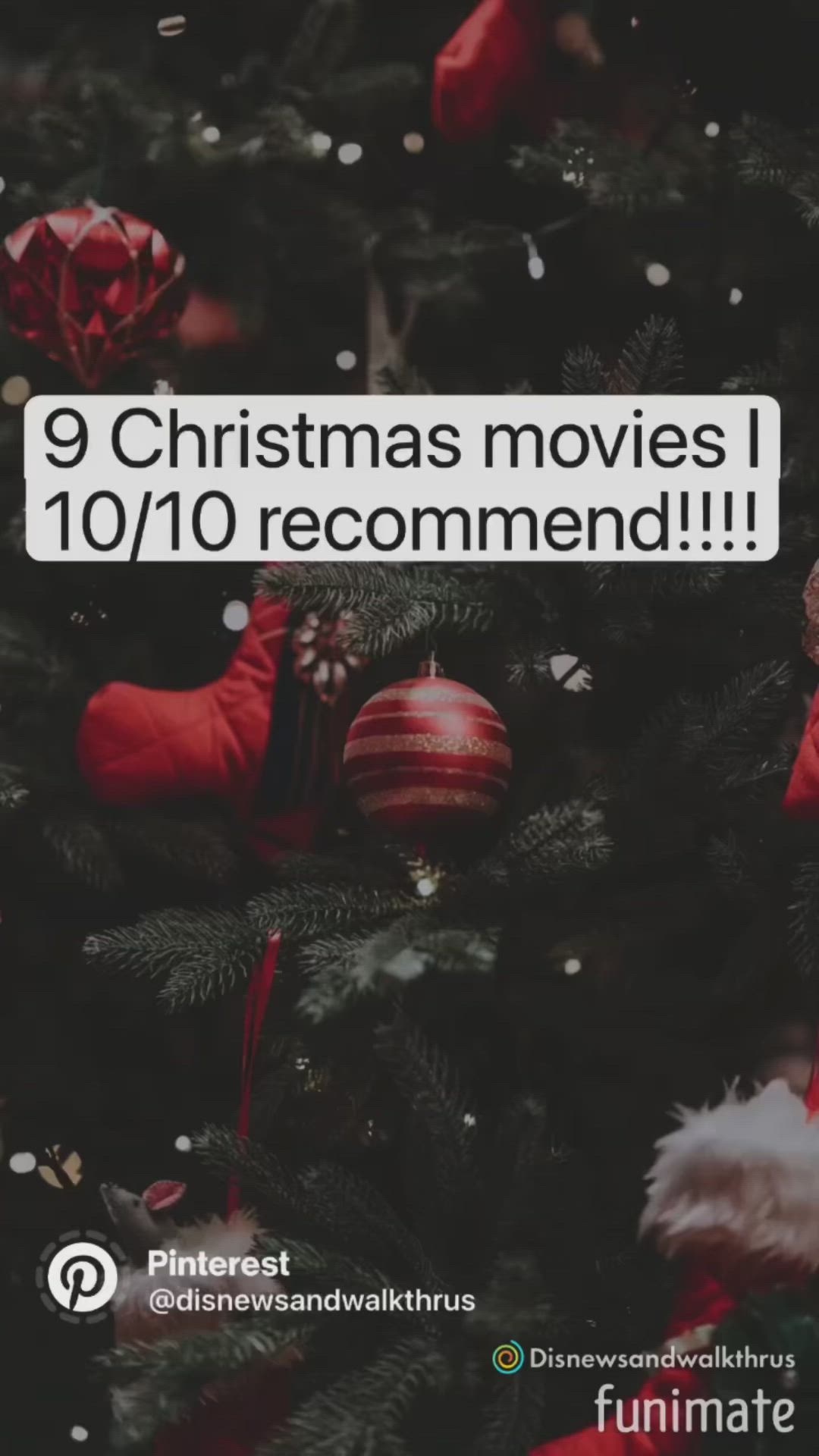 This may contain: a christmas tree with ornaments on it and the text 9 christmas movies 10 / 10 recommendend