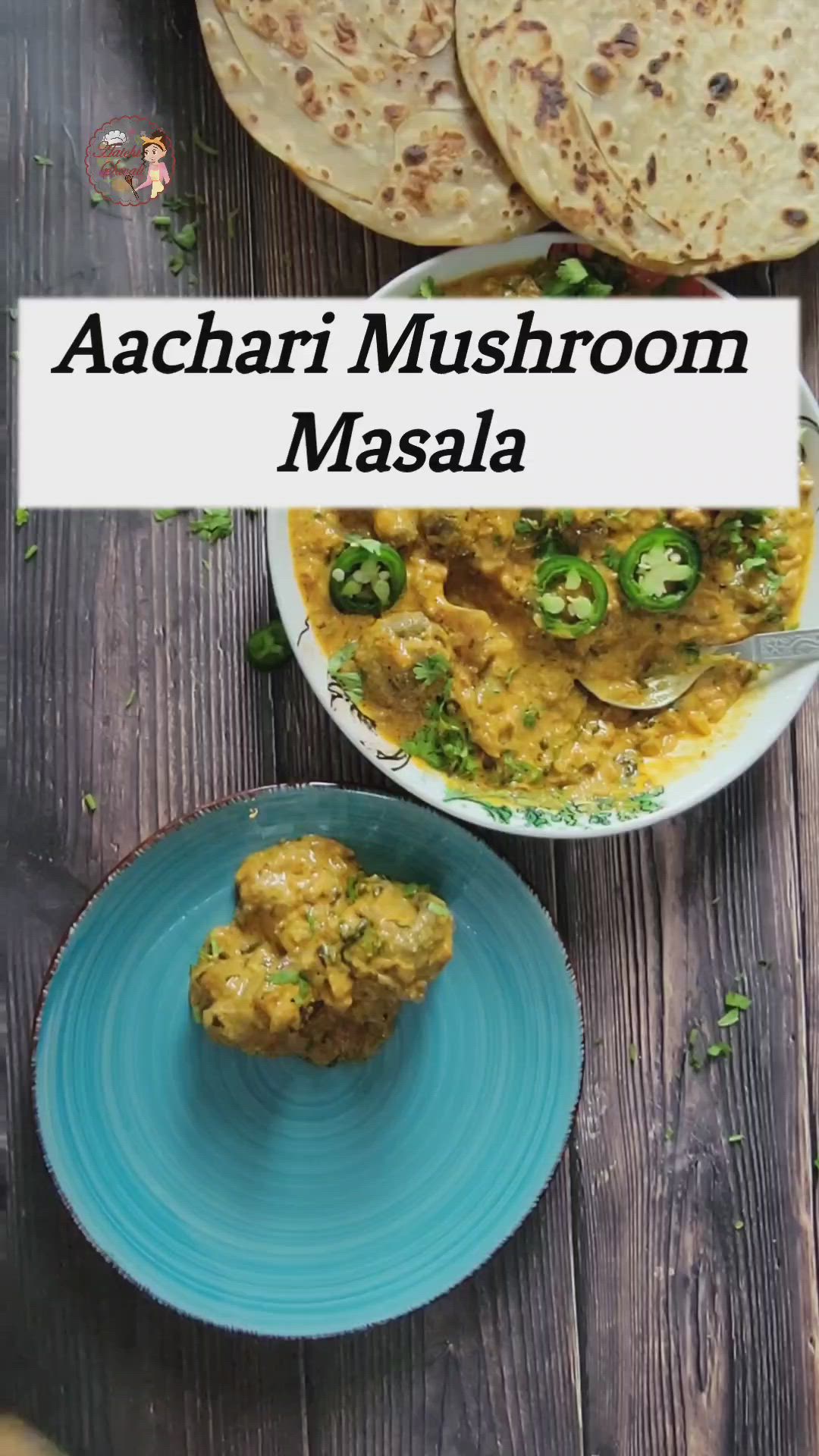 This may contain: there is a plate with food on it and the words achari mushroom masala