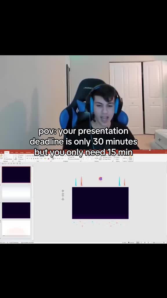 This may contain: a person wearing headphones sitting in front of a computer screen with the caption saying, pov your presentation deadlines only 30 minutes but you only need 15 minutes