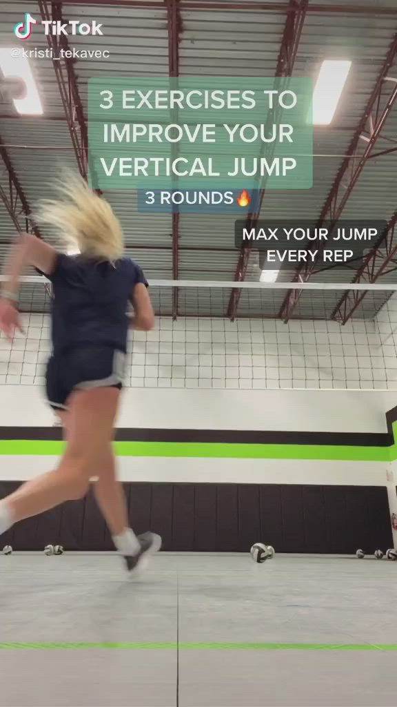 This may contain: a woman running in a gym with the words 3 exercises to improve your vertical jump