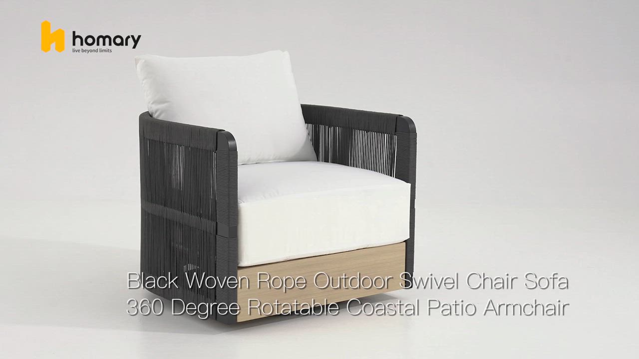 This may contain: a black wicker outdoor chair with white cushion and wooden frame, on a white background