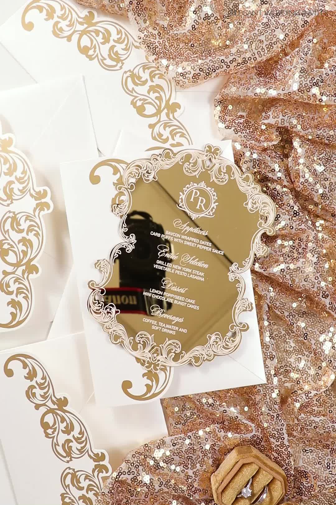 This may contain: the wedding stationery is laid out on top of gold sequins and paper