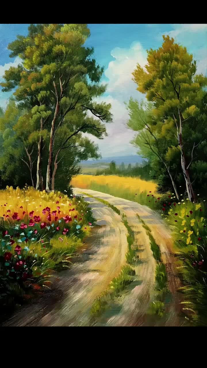 This may contain: a painting of a dirt road surrounded by flowers