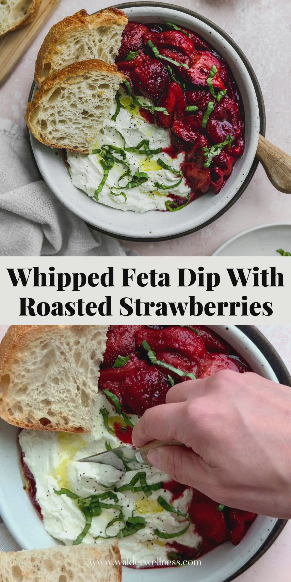 This may contain: two plates filled with bread and strawberries on top of each other, one being dipped with whipped cream