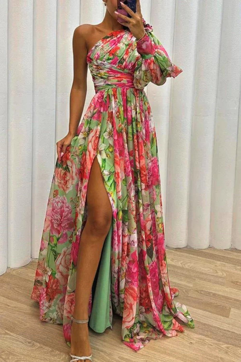 Sexy Contrasting Colors Flower Print Fashion One Shoulder Sleeve Split Robe Chic Lady Party Dresses