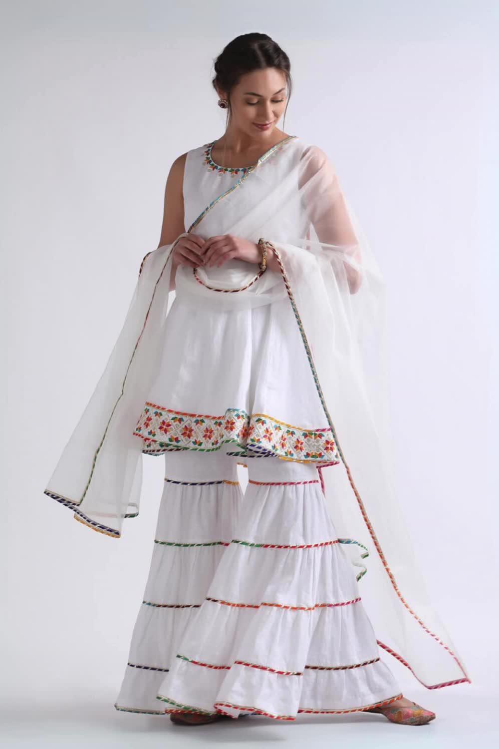 This contains: White Organza Sharara Set with Resham Embroidery | Linen | Sharara Set