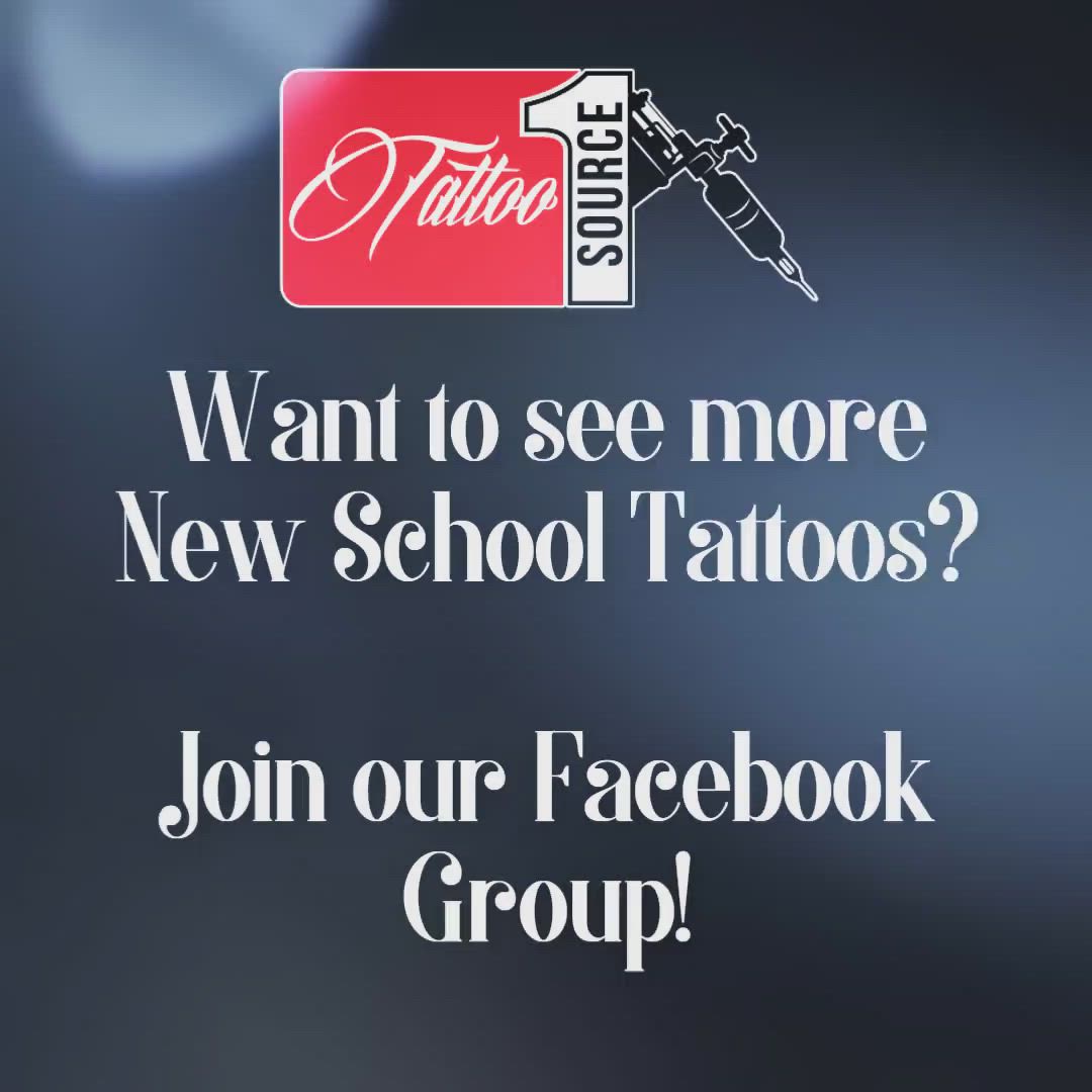 This may contain: the logo for tattoo studio is shown on a dark background with blurry lights behind it