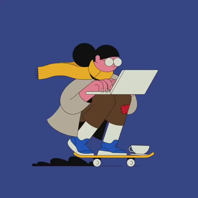 This may contain: a cartoon character on a skateboard with a laptop in his lap and wearing glasses