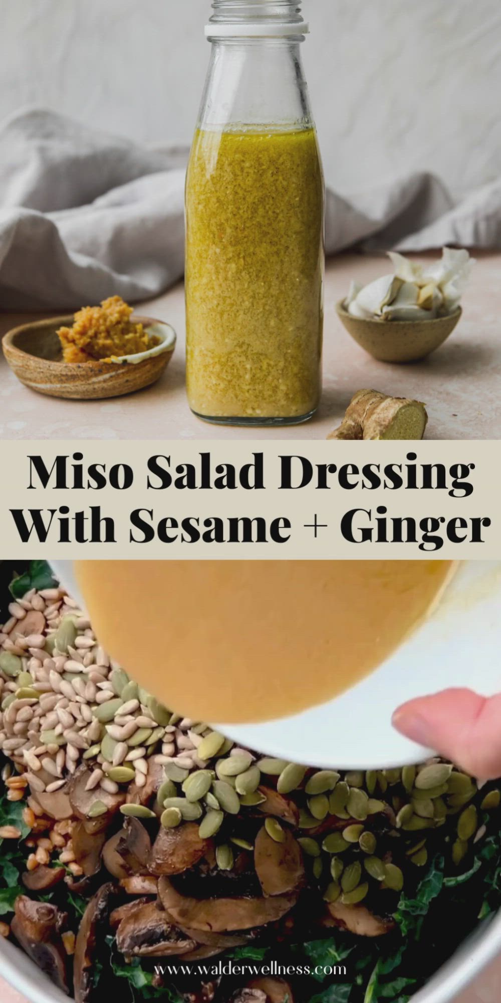 This contains: Video showing how to make a simple miso salad dressing with sesame, ginger, and garlic at home.