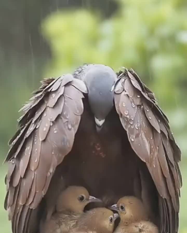 This may contain: a mother bird feeding her babies in the rain with it's wings spread open