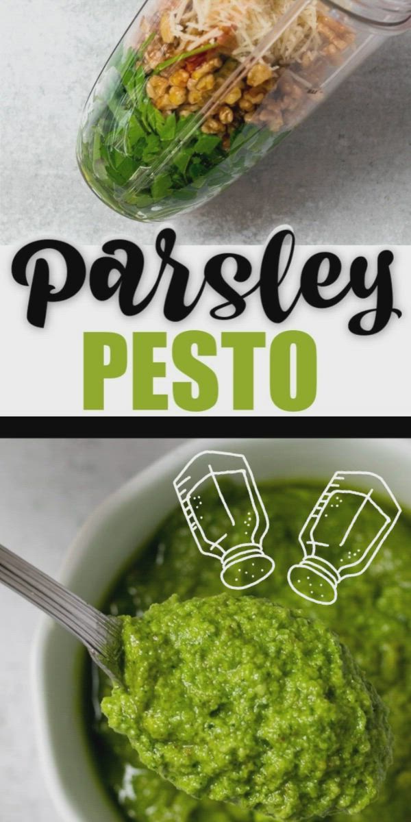 This may contain: pesto in a white bowl next to a jar filled with parsley pest