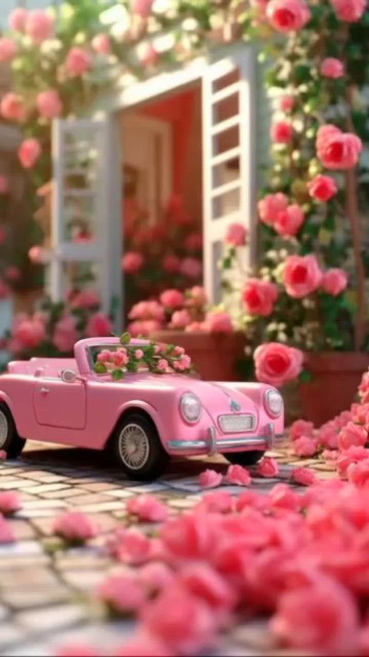 This may contain: a pink toy car is parked in front of some flowers and roses on the ground