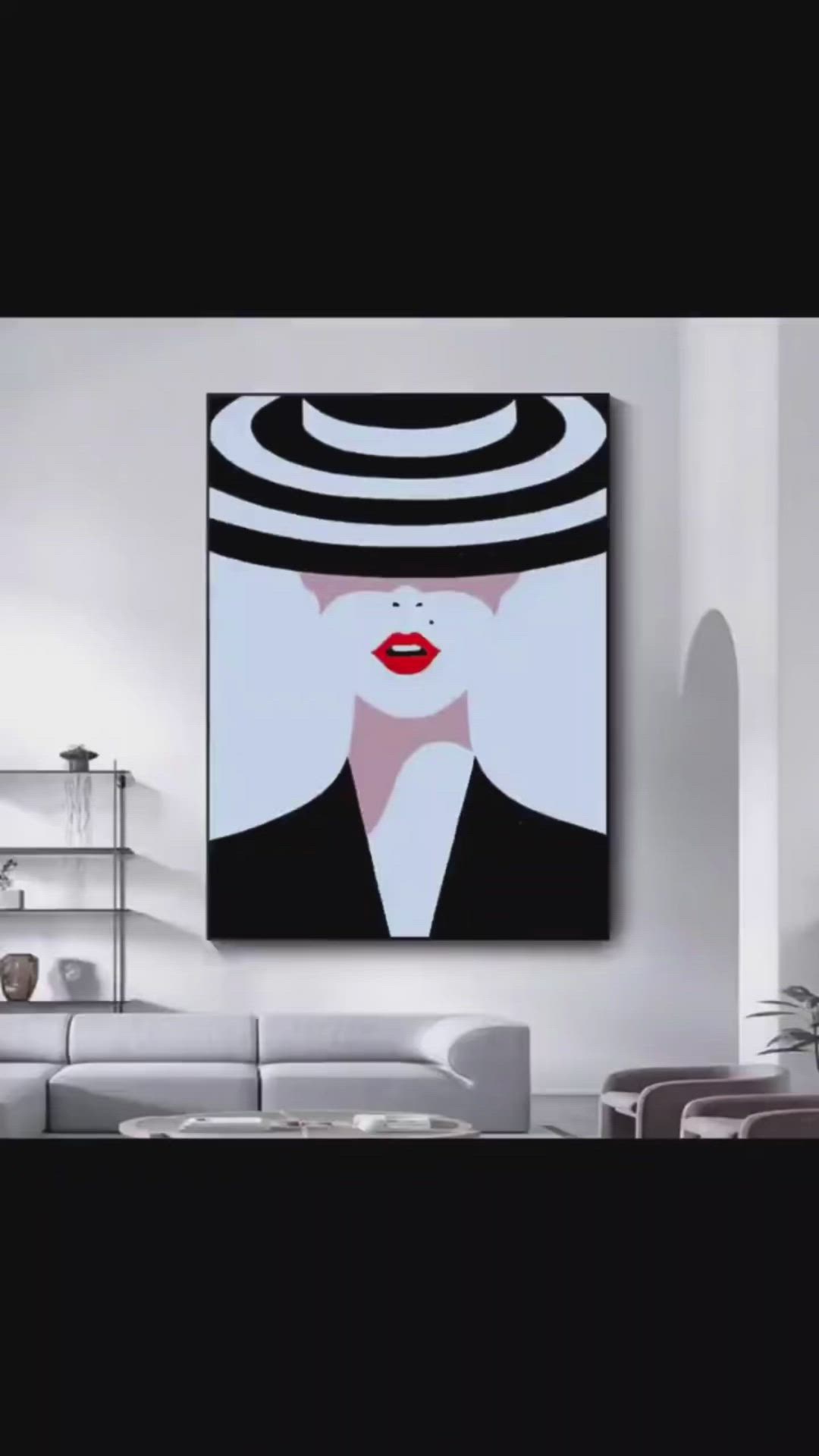 This may contain: a painting of a woman wearing a black and white hat with red lipstick on her lips