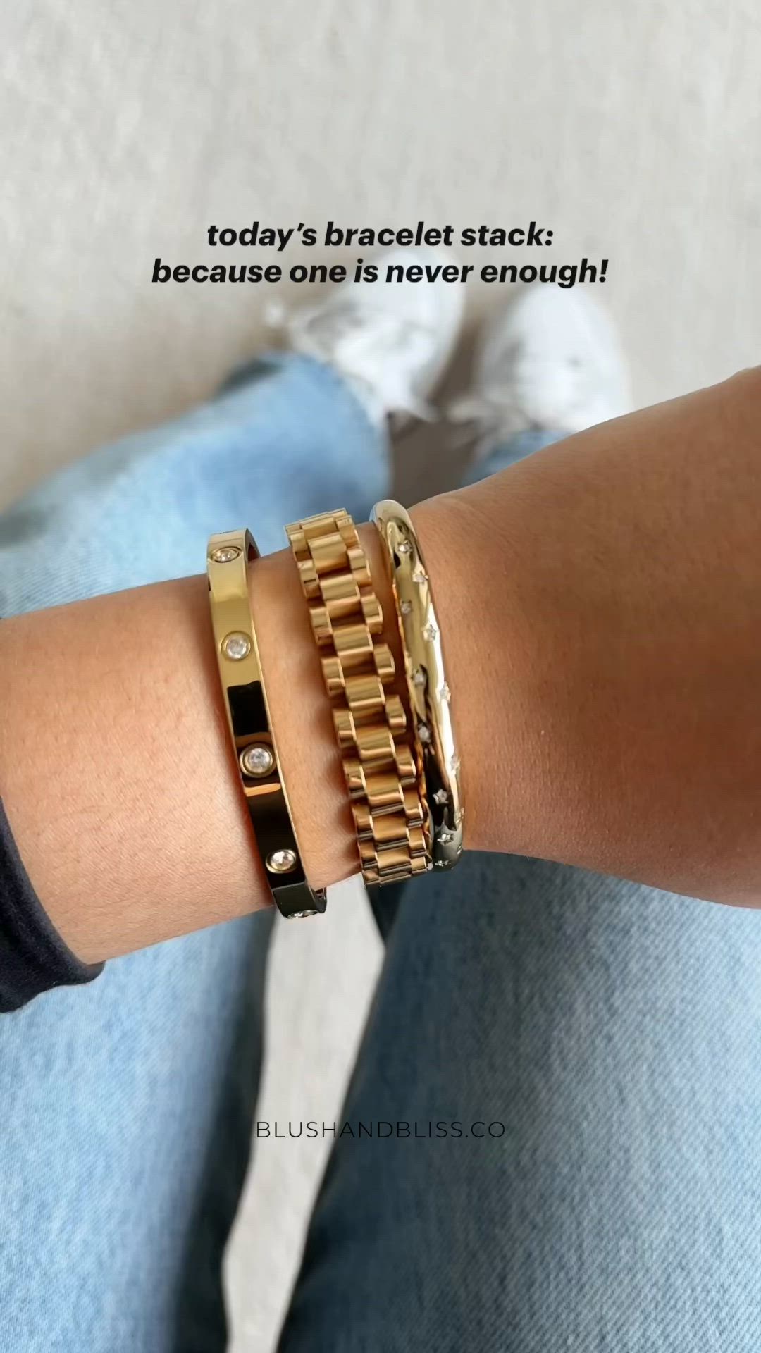 This contains an image of: today’s bracelet stack: because one is never enough!