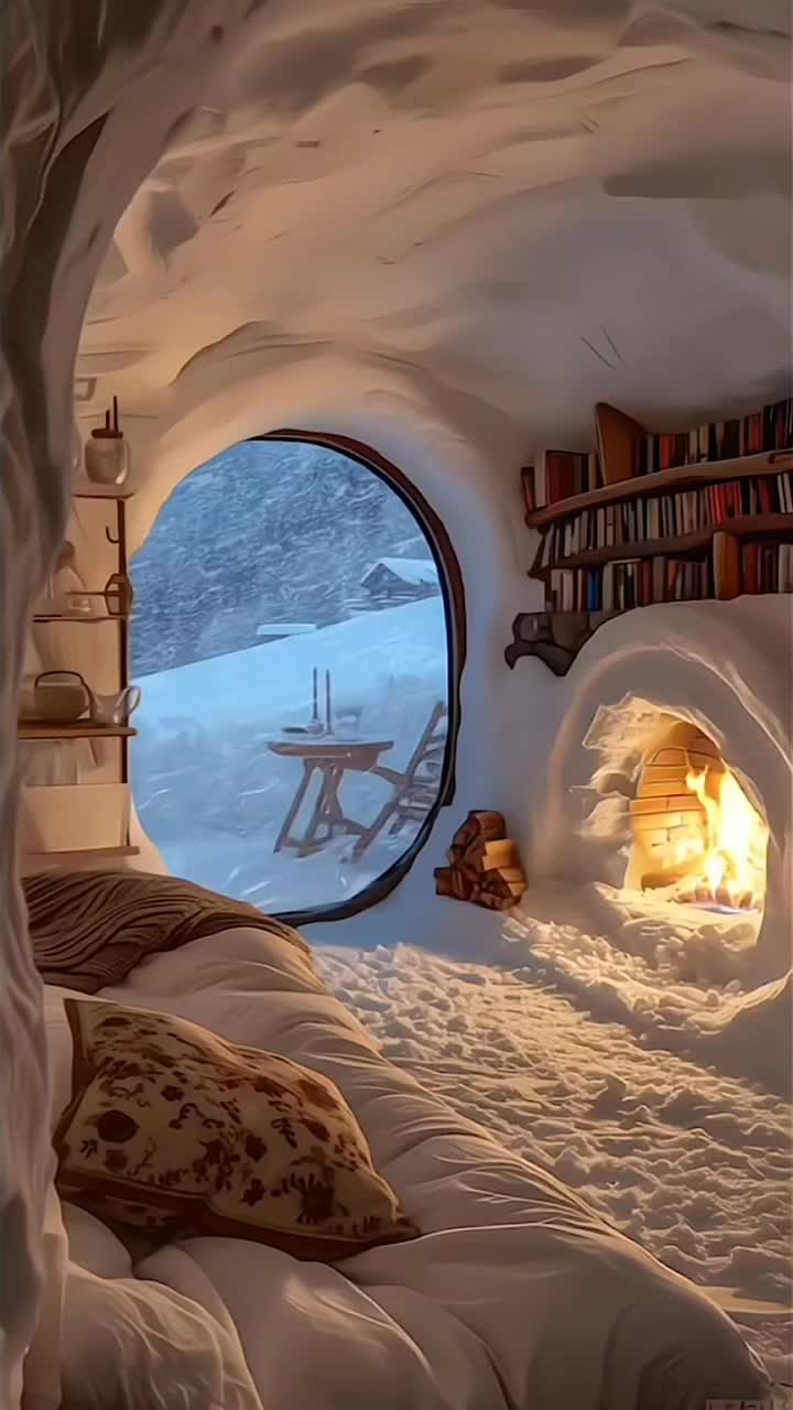 This may contain: a bed room with a large window and a book shelf