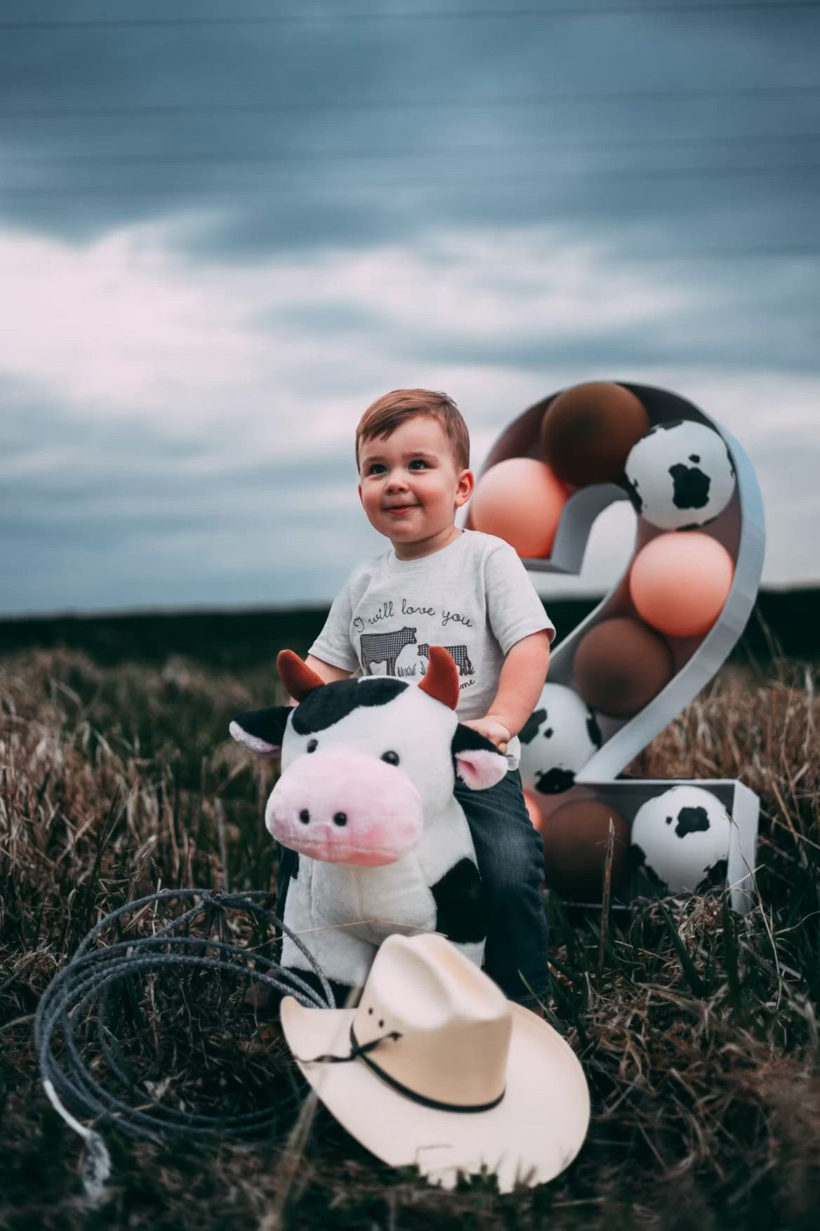 This may contain: a little boy sitting in the middle of a field with a cow and number two balloons