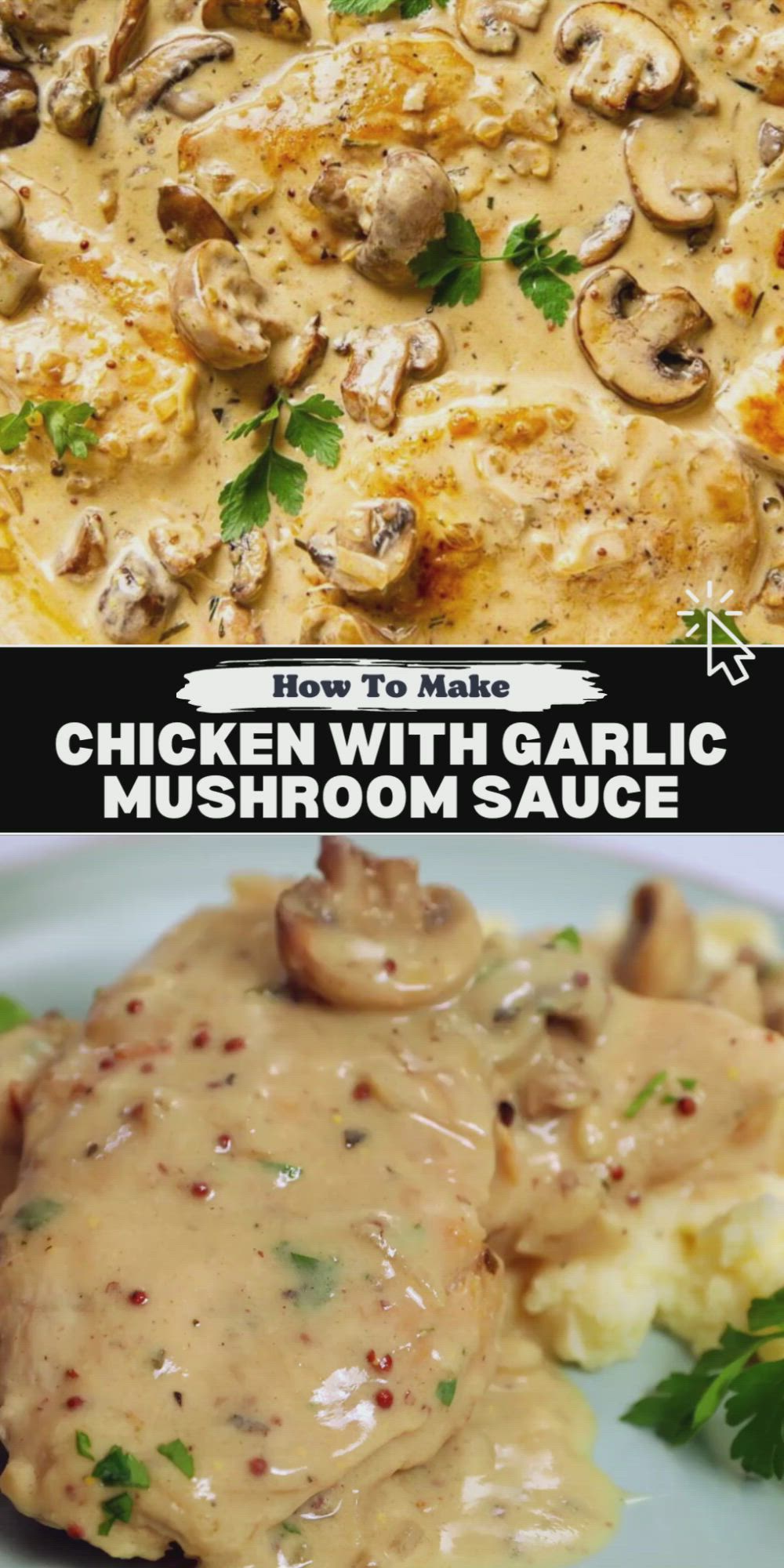 This may contain: chicken with garlic mushroom sauce is shown in two different pictures