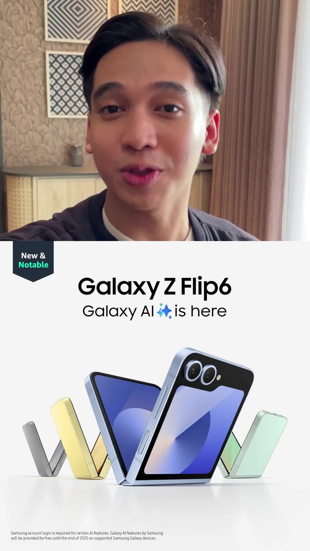 This may contain: an advertisement for the samsung z flip is shown in front of a man's face