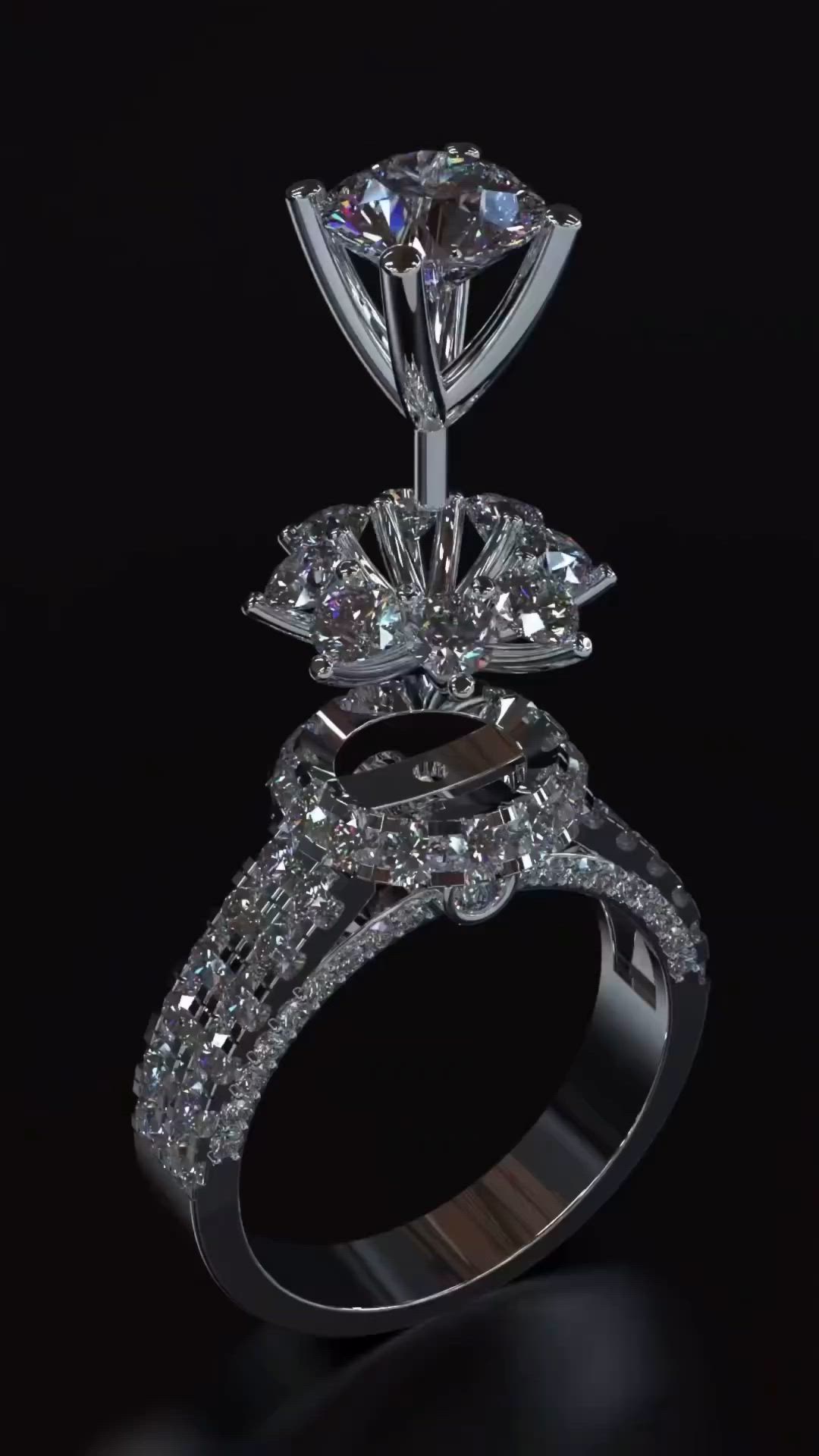 This may contain: a diamond engagement ring on a black background