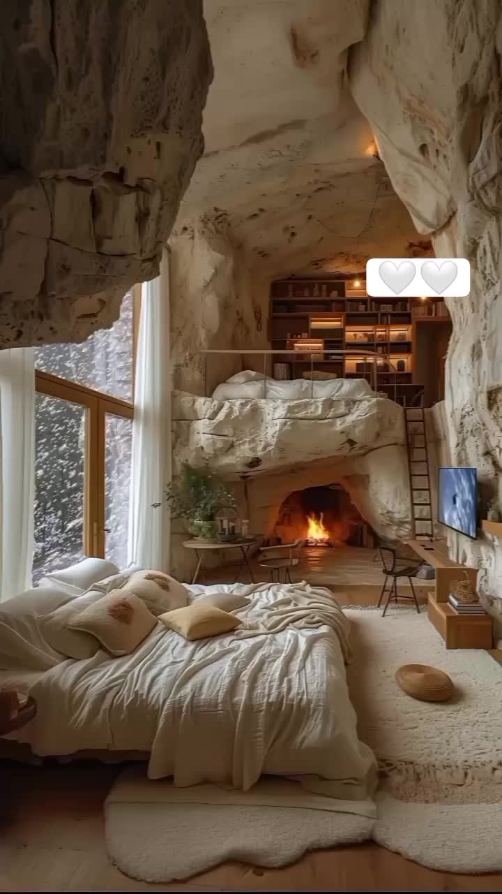 This may contain: a bedroom with a fireplace in the middle of it and a bed on the other side