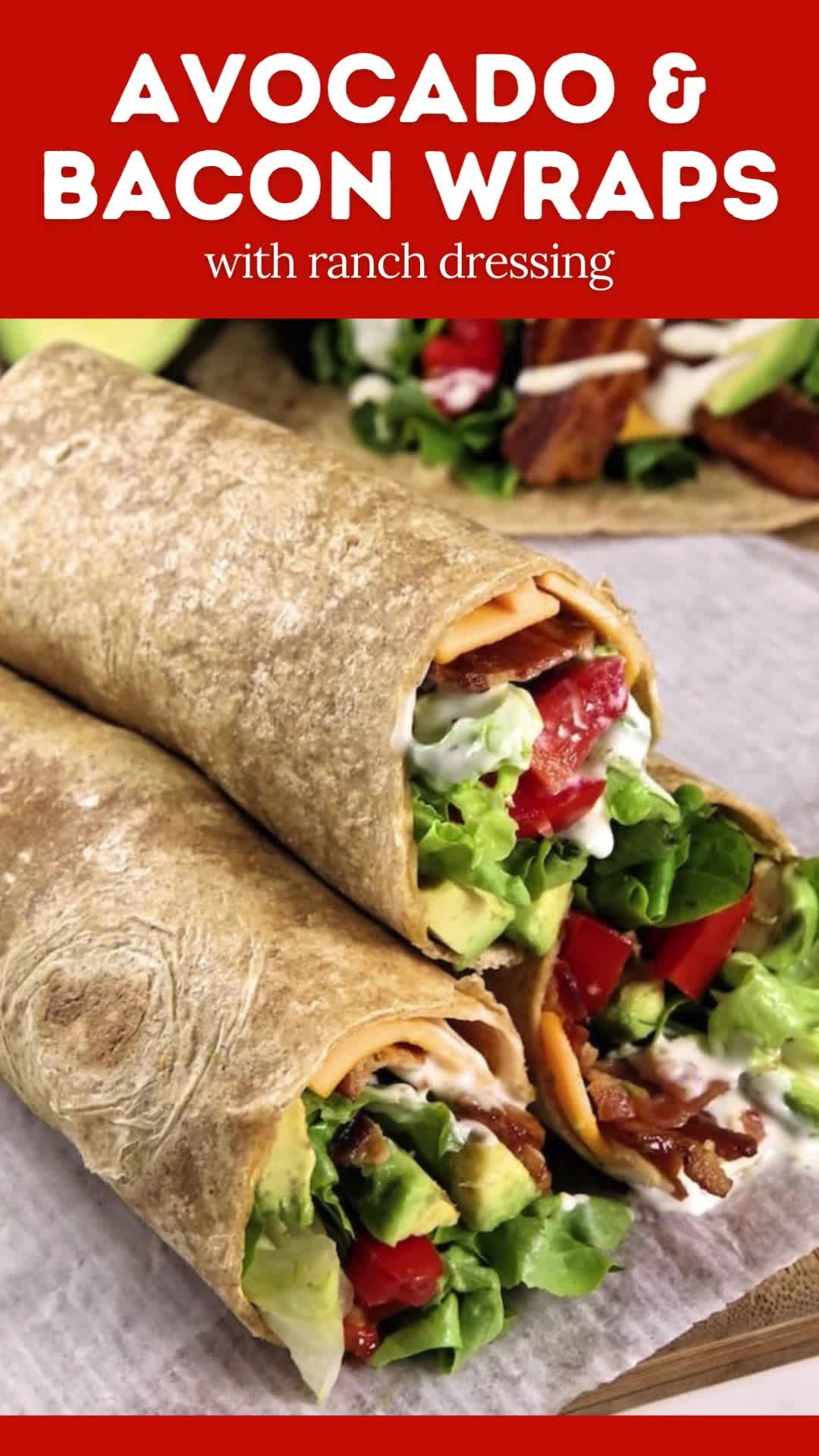 This contains: Tired of the usual BLT sandwich? If bacon recipes are one of your favorite lunch options, why not try this avocado & bacon wrap with ranch dressing? Avocado Bacon and Ranch Wraps are an easy lunch idea that is quick to make, similar to the classic BLT wraps but with avocados! Wheat tortilla’s makes them a healthy lunch recipe. Click here to try this wrap idea with avocado, bacon, ranch, cheese, lettuce and tomatoes.