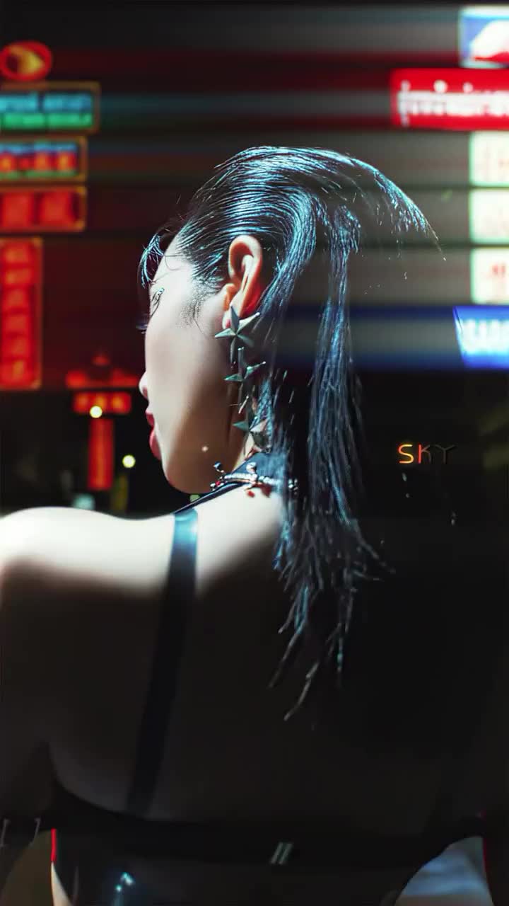 This may contain: a woman with black hair and piercings standing in front of a neon lit sign