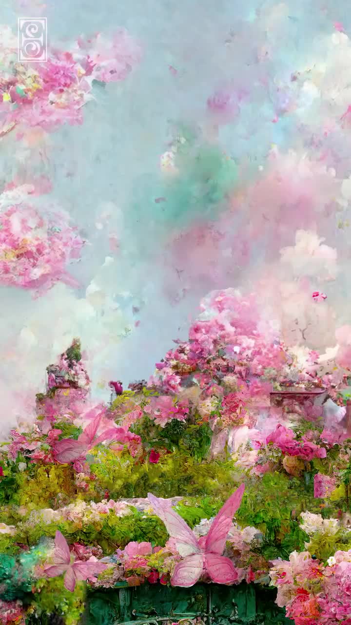 This may contain: an abstract painting of pink flowers in the sky and clouds above it is a green gate