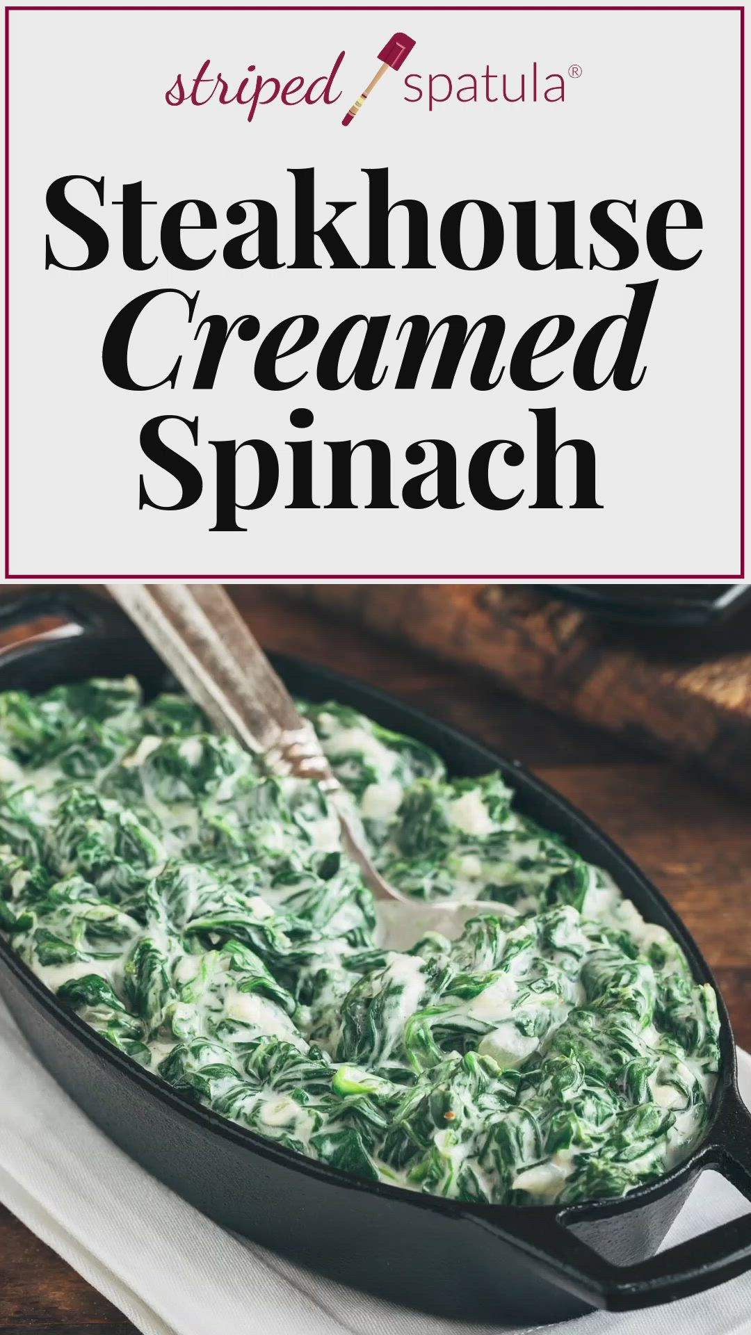 This may contain: steakhouse creamed spinach in a cast iron skillet