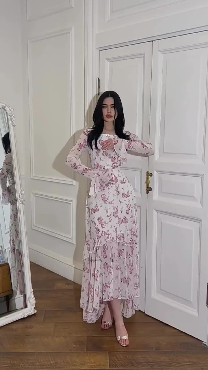 Realmefit Chiffon Printed Ruffle Dress Women's Summer Long Sleeve Stitching High Waist Slim Irregular Floral Evening Dress Long Dress