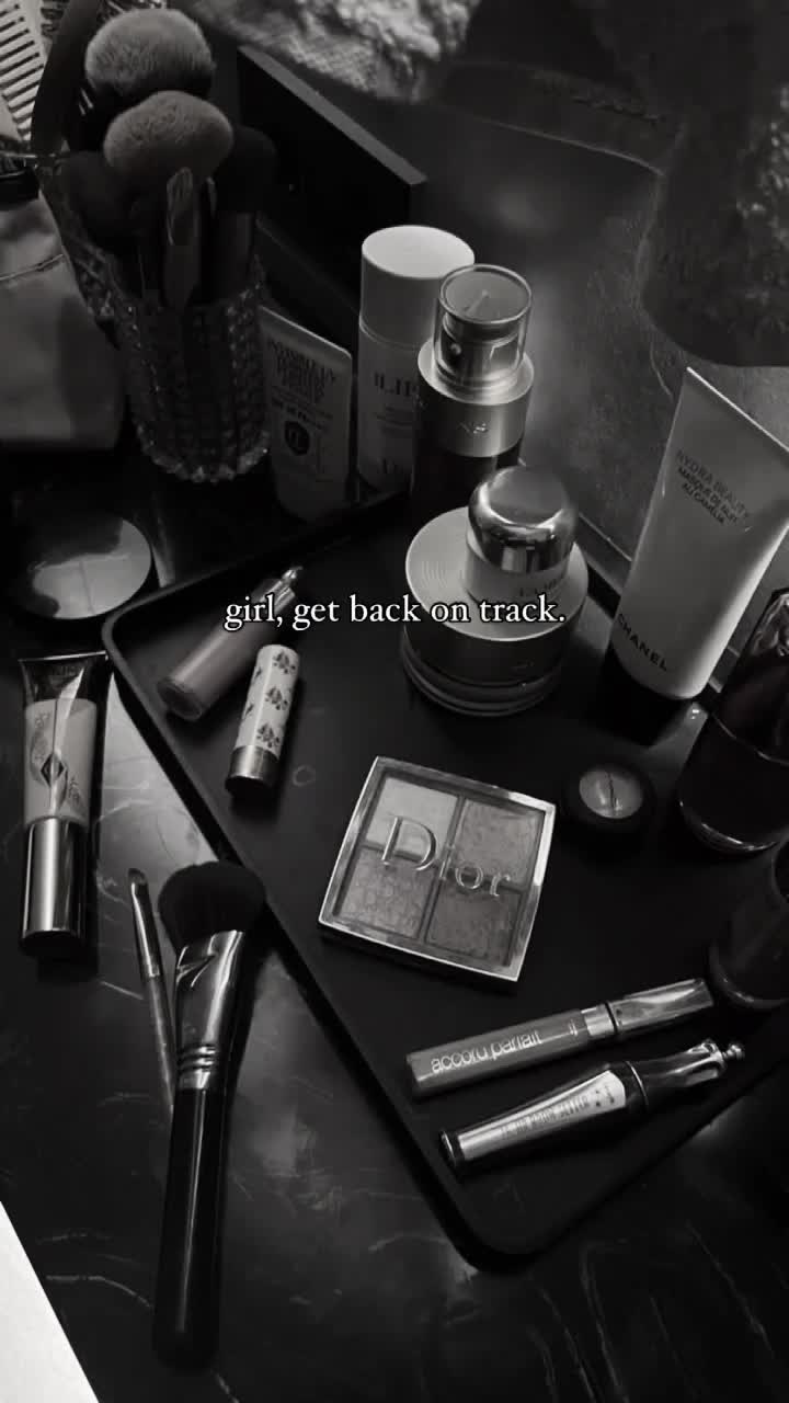 This may contain: black and white photograph of various beauty products