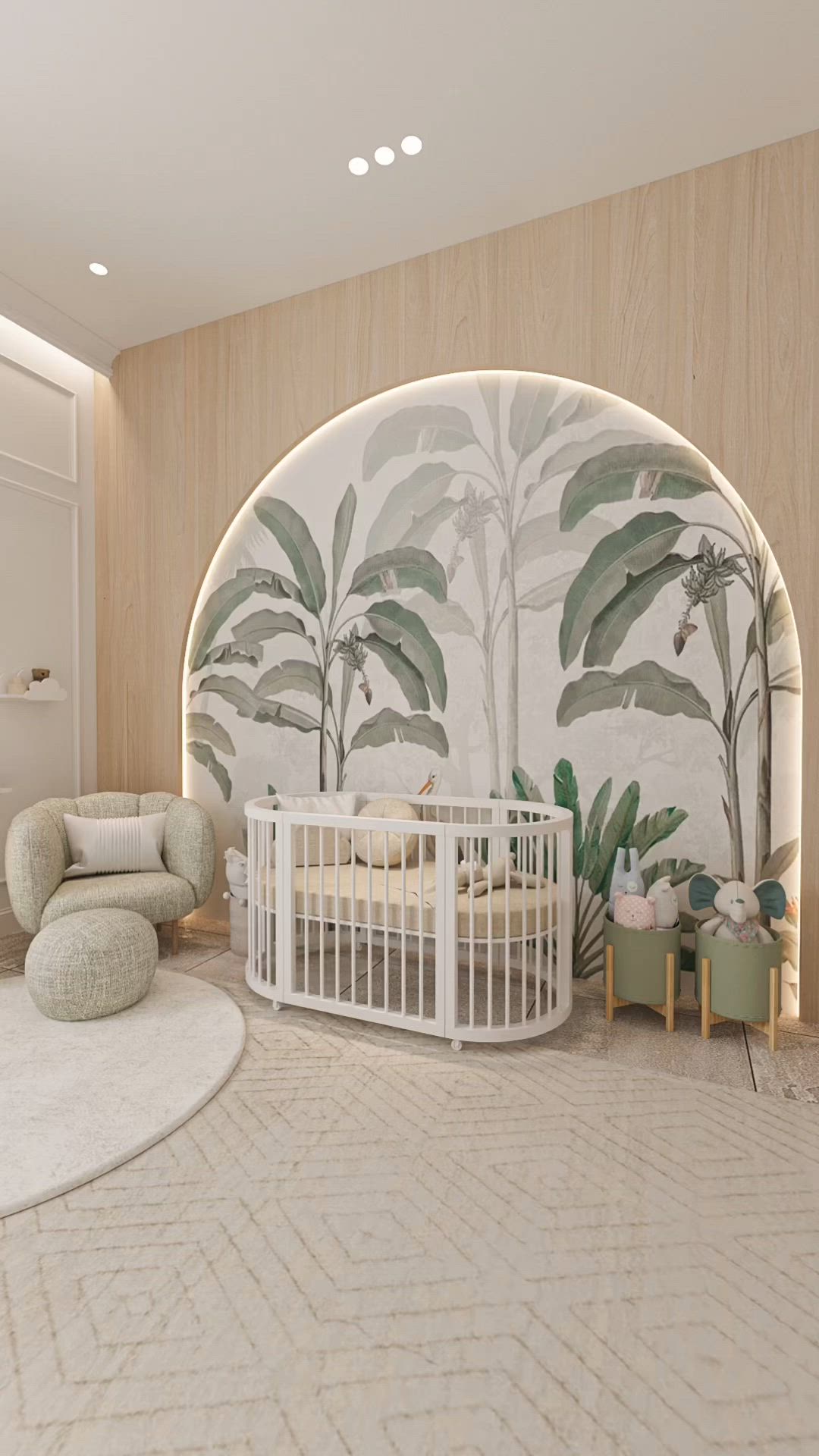 This may contain: a baby's room with a white crib in the middle and green plants on the wall