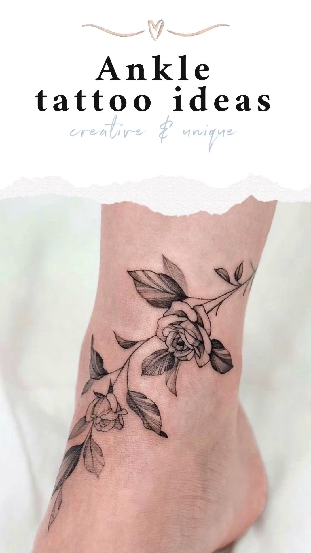 This may contain: a woman's foot with flowers on it and the words ankle tattoo ideas creative designs