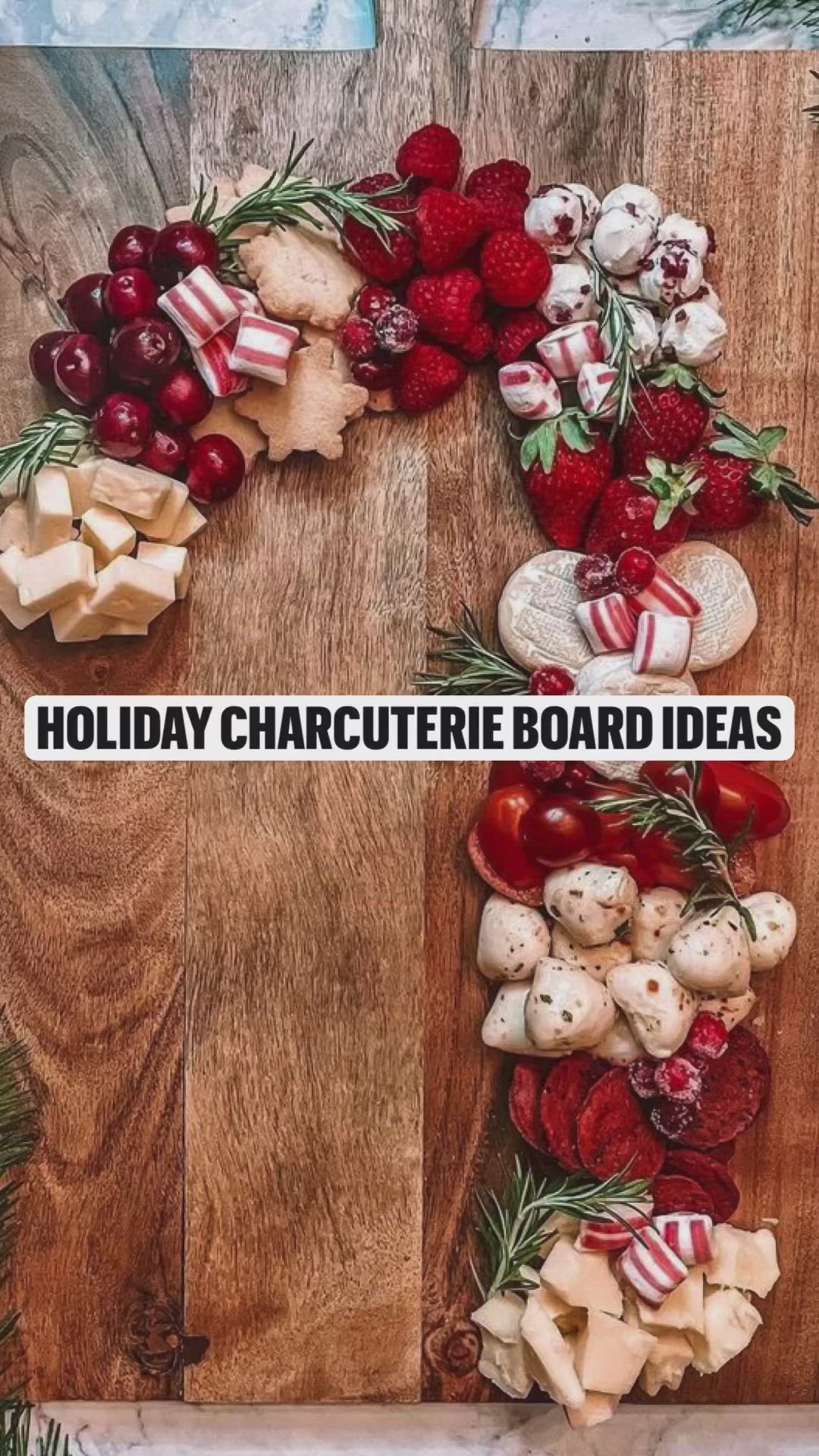 This may contain: holiday charcuterie board ideas on wooden boards with text overlaying the image