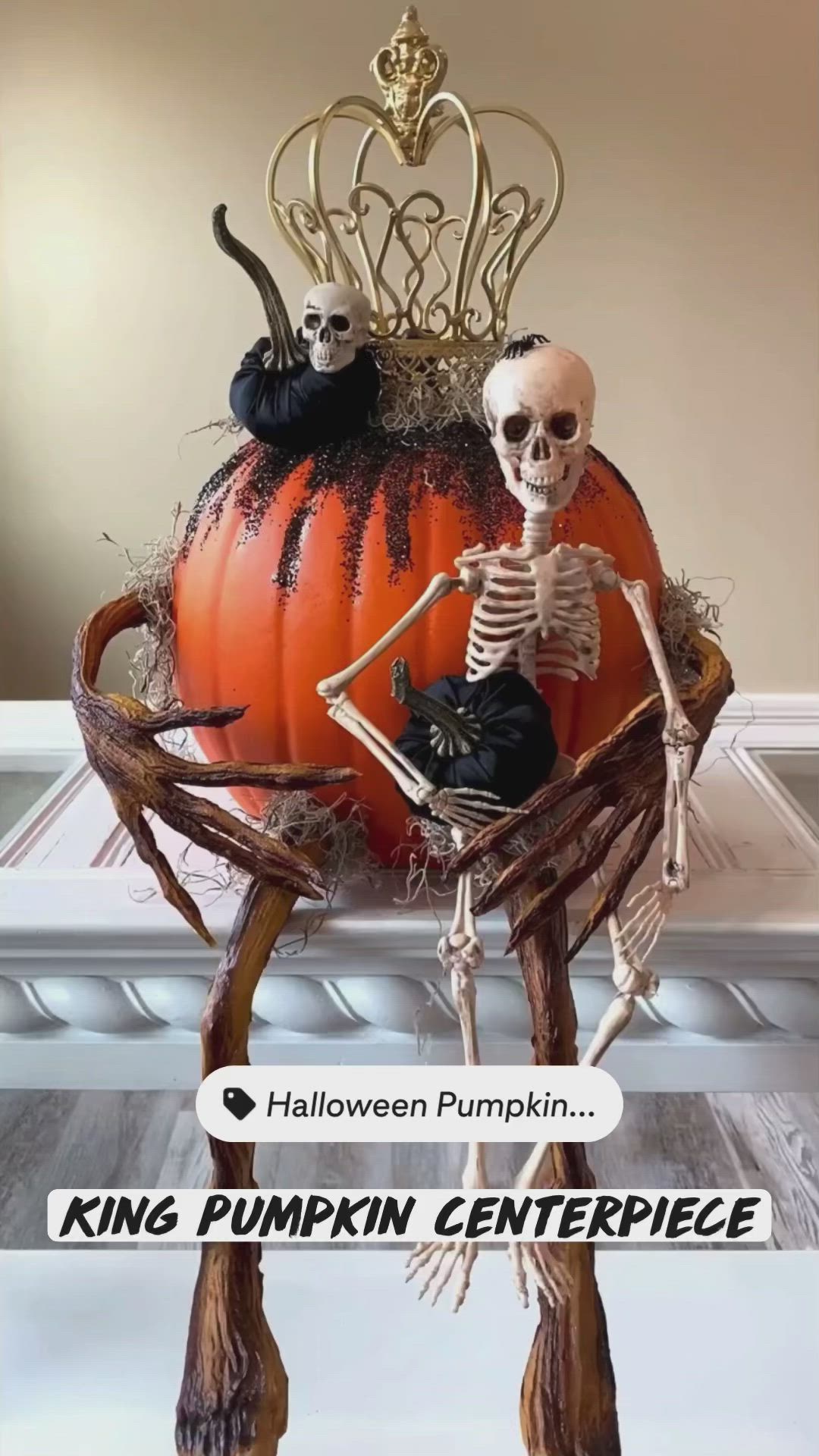 This may contain: a skeleton sitting on top of a pumpkin in front of a white background with the words king pumpkin centerpiece