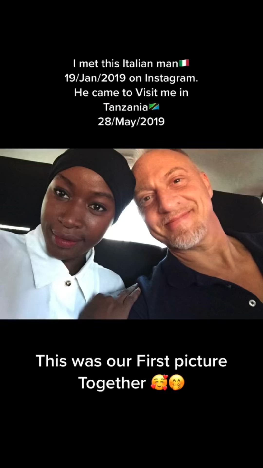 This may contain: an older man and young woman posing for a photo with the caption'this was our first picture together '