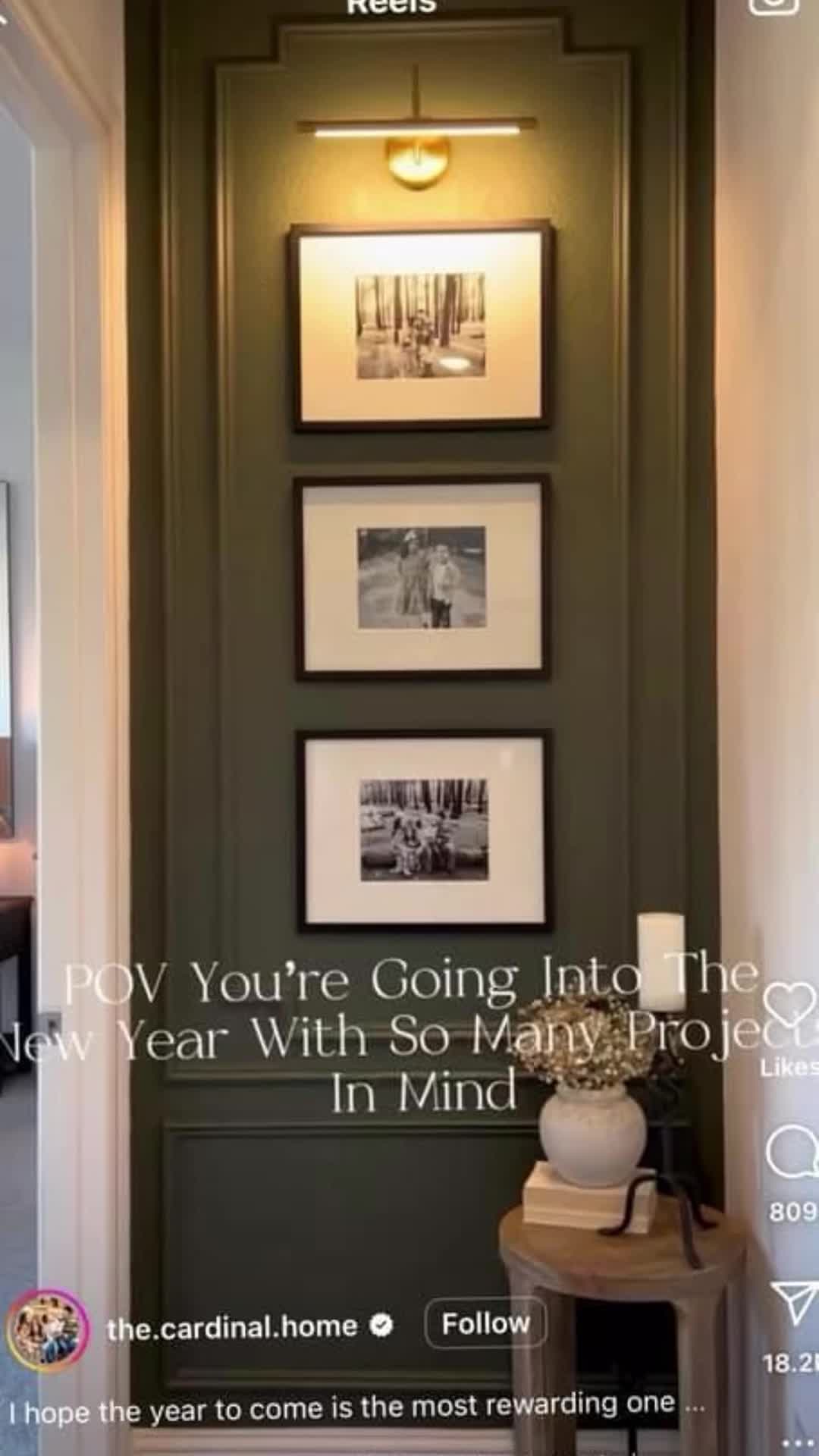 This may contain: an image of a hallway with pictures on the wall and text that reads, how do you're going into the new year with so many photos in mint?