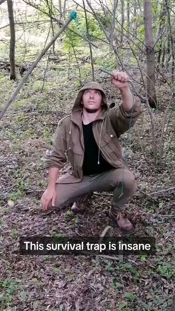 This may contain: a man squatting down in the woods with a hoodie over his head and an arrow pointing at him